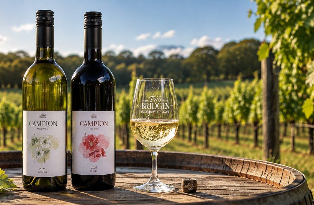 Campion Red and Campion White wine bottles with a glass
